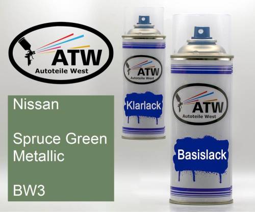 Nissan, Spruce Green Metallic, BW3: 400ml Sprühdose + 400ml Klarlack - Set, von ATW Autoteile West.
